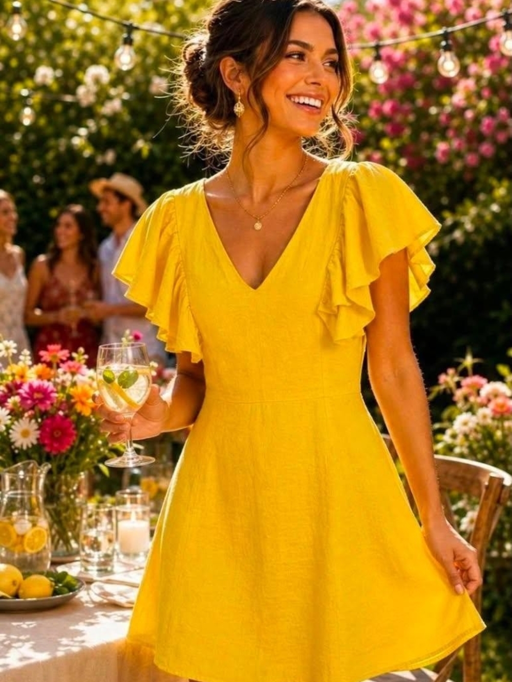 Sunny V-Neck Flutter Sleeve Mini Dress - Yellow